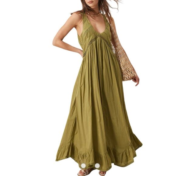 ASOS DESIGN Olive Hanky Hem Maxi Dress Scoop Neck Boho Chic Party Dress-Size 10 - Picture 1 of 8